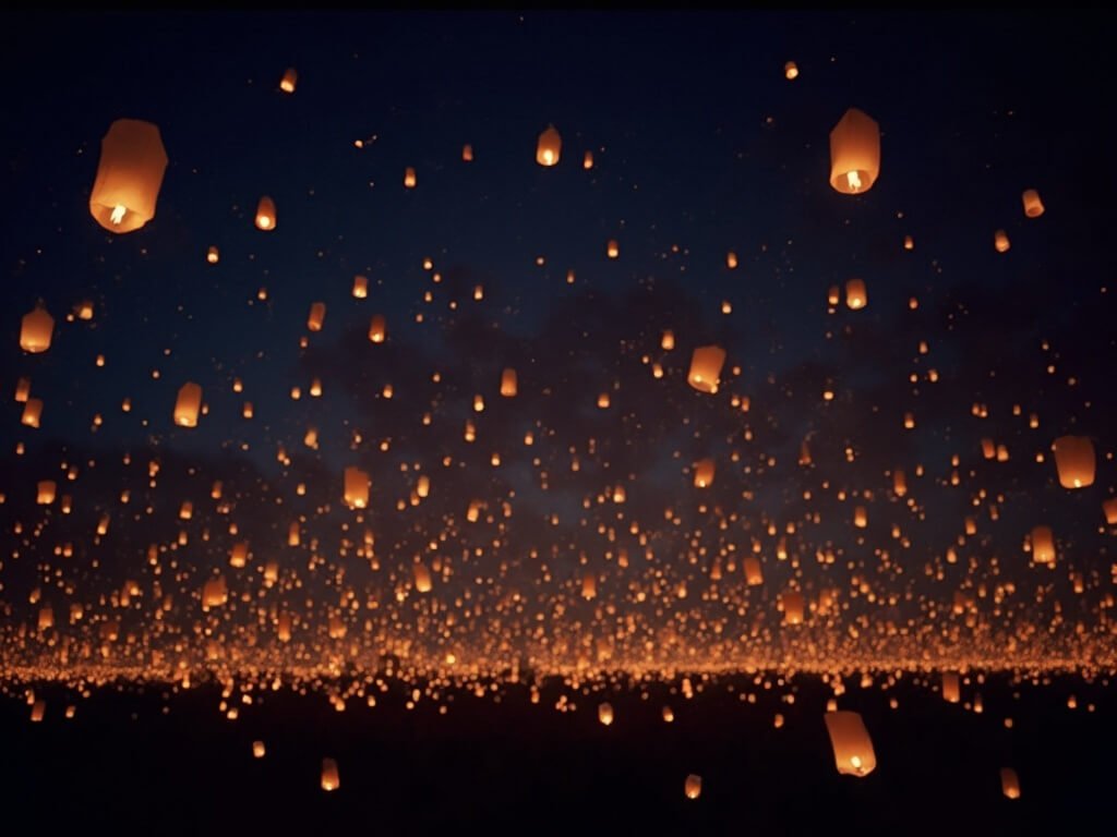 Hundreds of glowing lanterns ascending into a dark night sky, resembling a constellation of lights