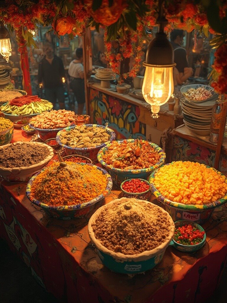 Overhead view of a Disney food booth showcasing vibrant Latino-inspired holiday dishes, lit warmly and exhibiting intricate culinary presentations, with no people in sight