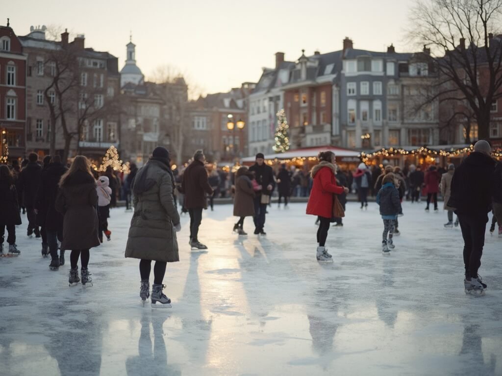 Ice skaters of varying ages enjoying outdoor rink at Leidseplein with historic Dutch buildings in the background and Christmas decorations, in soft evening light