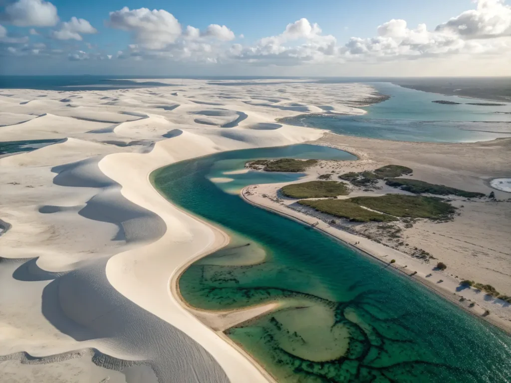 "Aerial view of Lençóis Maranhenses National Park in Brazil with sweeping sand dunes and turquoise blue lagoons"