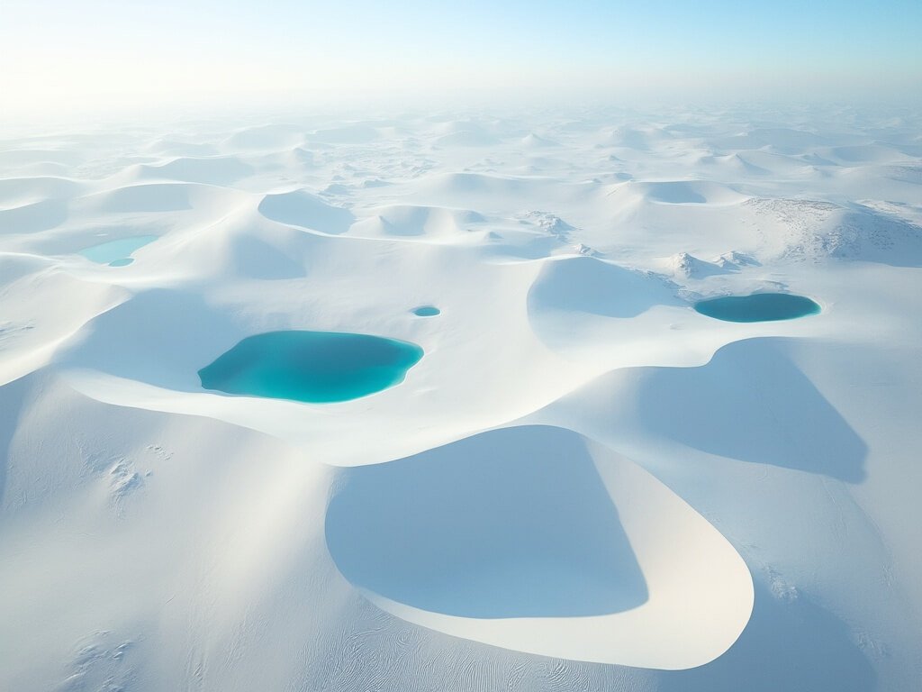 Aerial view of Lençóis Maranhenses showcasing vast white sand dunes and blue lagoons under morning light
