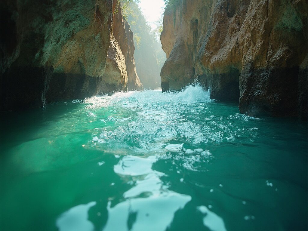 Close-up of water flowing between limestone formations with sunlight creating highlights on the turquoise and emerald green water surface
