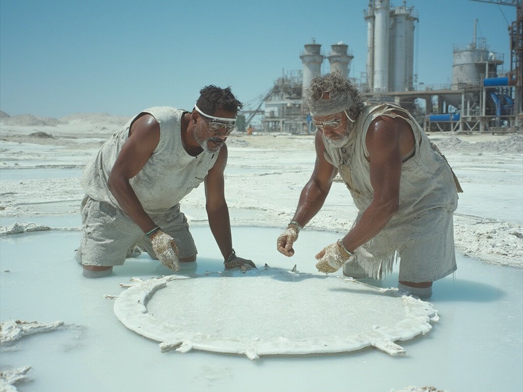 Indigenous workers in protective gear extracting lithium from salt pools with crystallization patterns and industrial equipment in the background