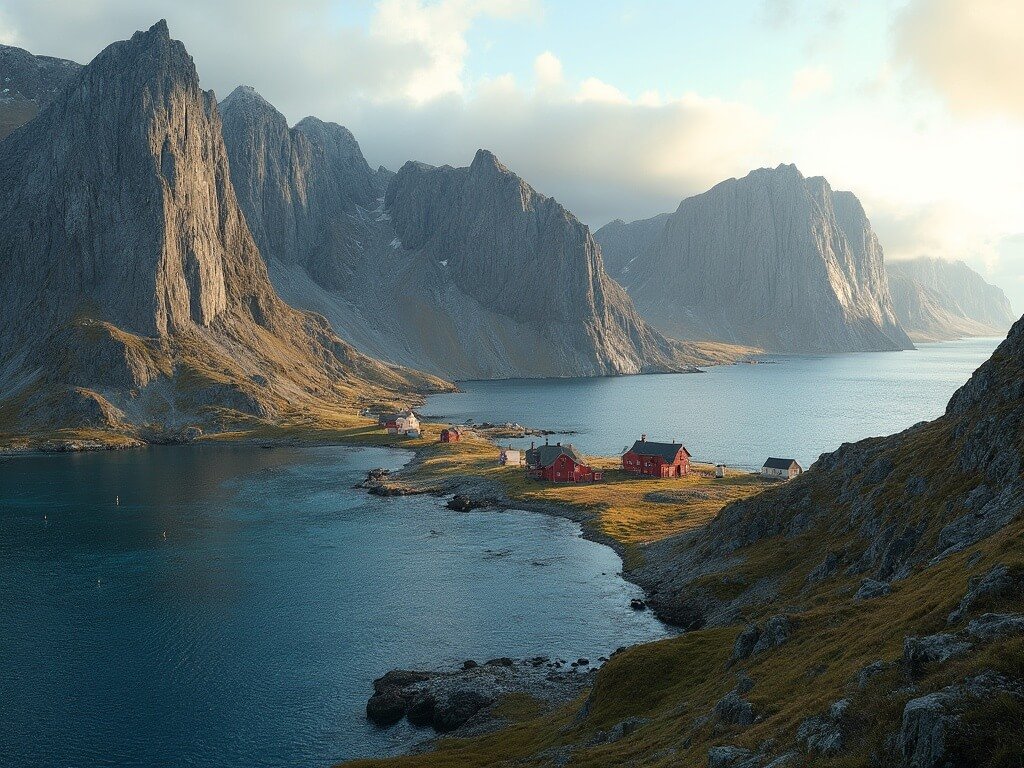 Panoramic landscape of Lofoten's rugged coastline with rocky peaks, blue fjords, red wooden fishing cabins and long shadows in soft arctic light during golden hour