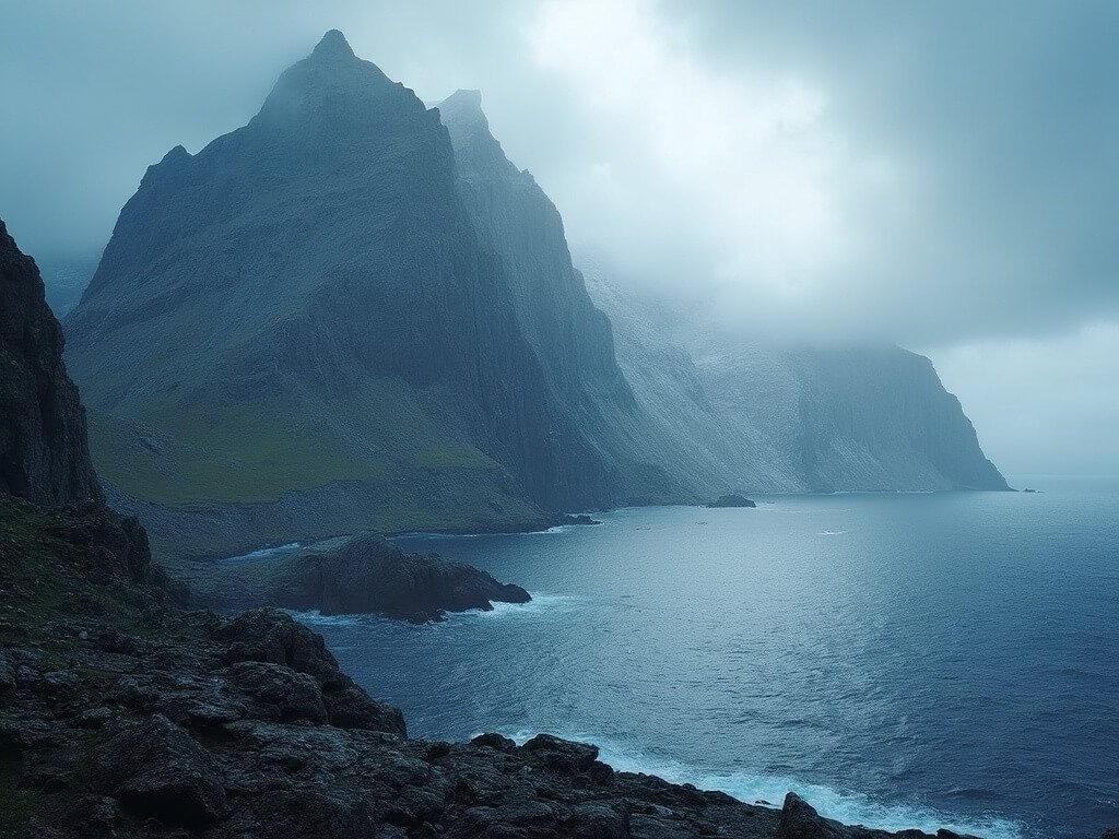 Jagged mountains of Lofoten archipelago rising from deep blue ocean under moody Arctic sky in early morning light