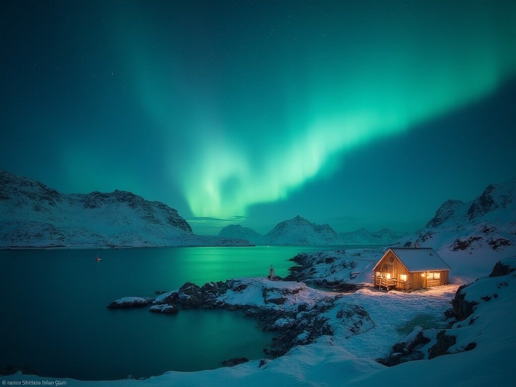 Winter nightscape in Lofoten archipelago with Northern Lights, snow-covered mountains, and illuminated fishing cabin