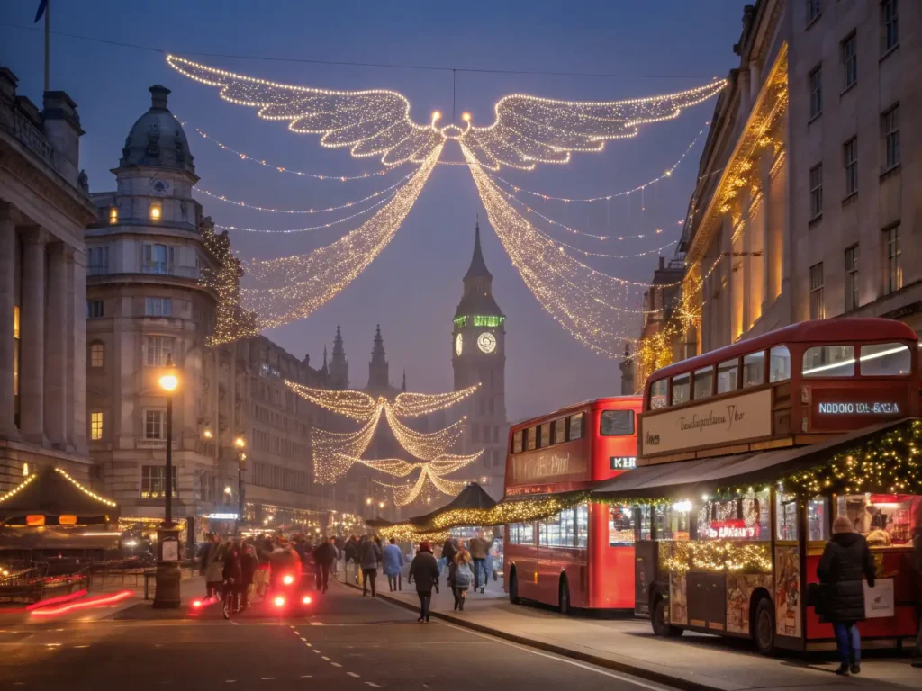"London at Christmas with sparkling angels on Regent Street, decorated red buses, glowing Tower Bridge, Christmas market, snow-dusted Victorian buildings, faint Big Ben, and warm lighting during blue hour"