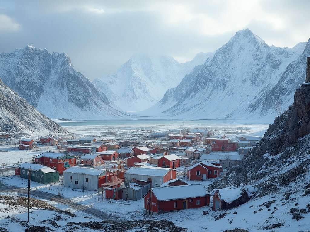 Panoramic view of Longyearbyen settlement in Arctic valley with colorful houses, research buildings, mountain ranges under soft daylight