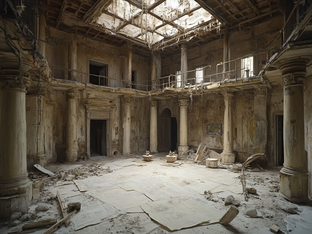 Unfinished royal room in Ludwig II's castle with scaffolding, construction materials, and architectural plans scattered around