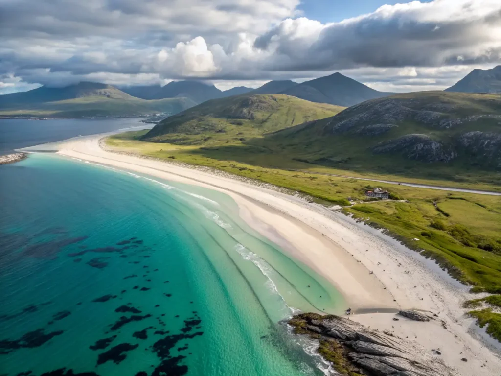 "Aerial view of Luskentyre Beach in Scotland, displaying white quartz sand beaches, Caribbean-blue Atlantic waters, emerald-green mountains, Hebridean hills, and the island of Taransay under a dramatic sky"