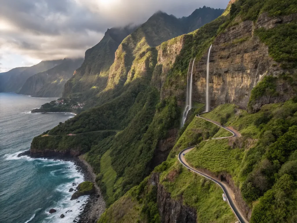 Aerial view of a stone levada pathway carved into volcanic cliff faces in Madeira, Portugal, enhanced by lush vegetation, waterfalls, and misty mountain peaks with the Atlantic Ocean visible below.