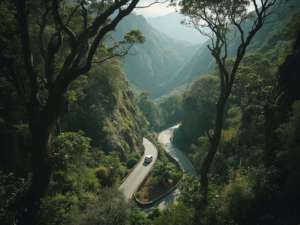 Compact car navigating a winding mountain road through dense laurel forest in Madeira