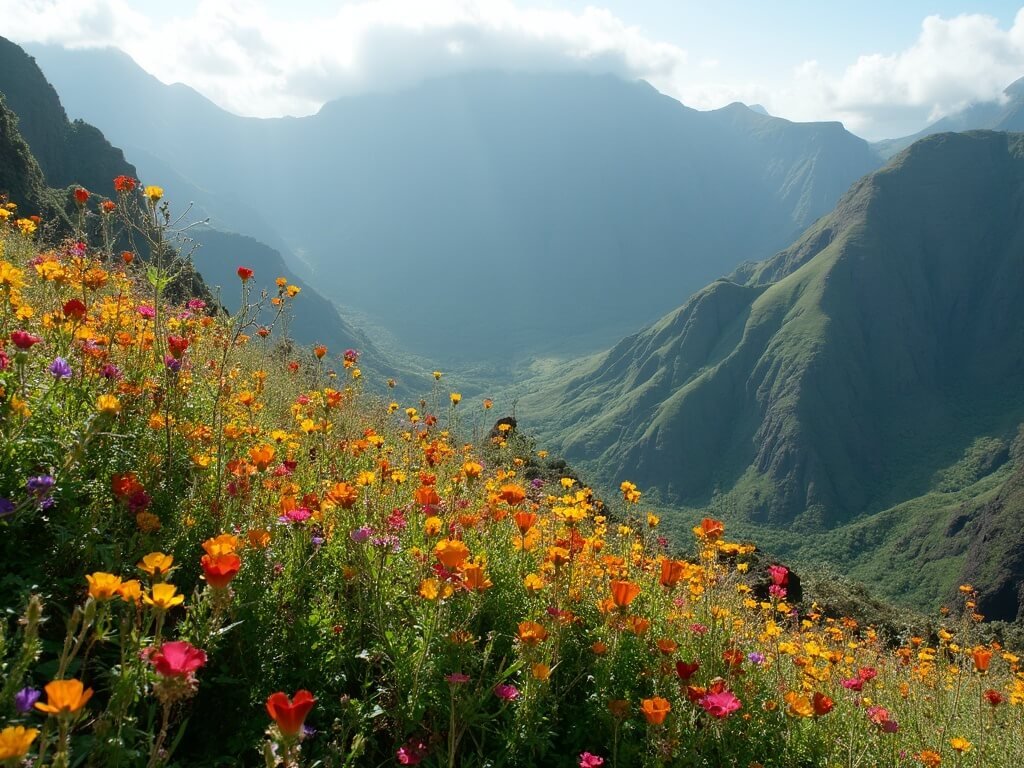 Vibrant landscape of blooming wildflowers on Madeira's volcanic mountainside with misty peaks in morning light