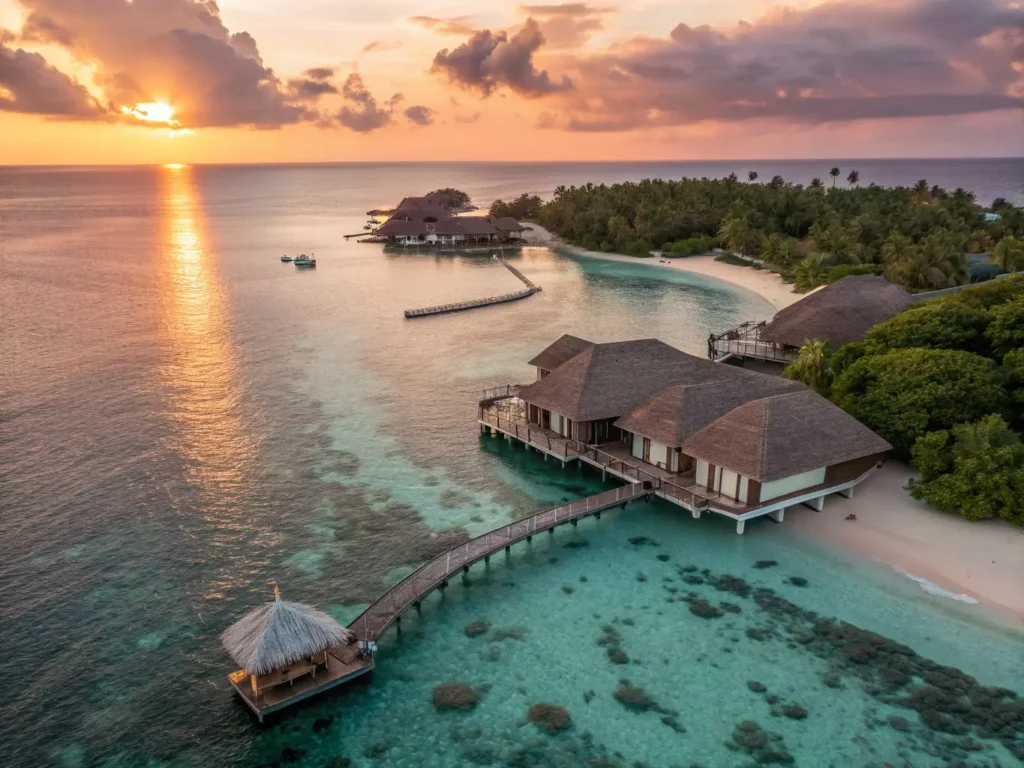"Sunset aerial view of luxurious overwater villies with thatched-roofs, private infinity pools, and glass floor panels in the Maldives, surrounded by a clear turquoise lagoon with vibrant coral reefs and tropical fish, framed by palm trees and overlooking the Indian Ocean."
