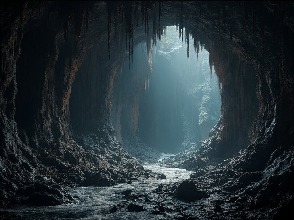 Atmospheric interior view of Manjanggul Cave with intricate lava tube formations and massive lava columns illuminated by soft, strategic lighting