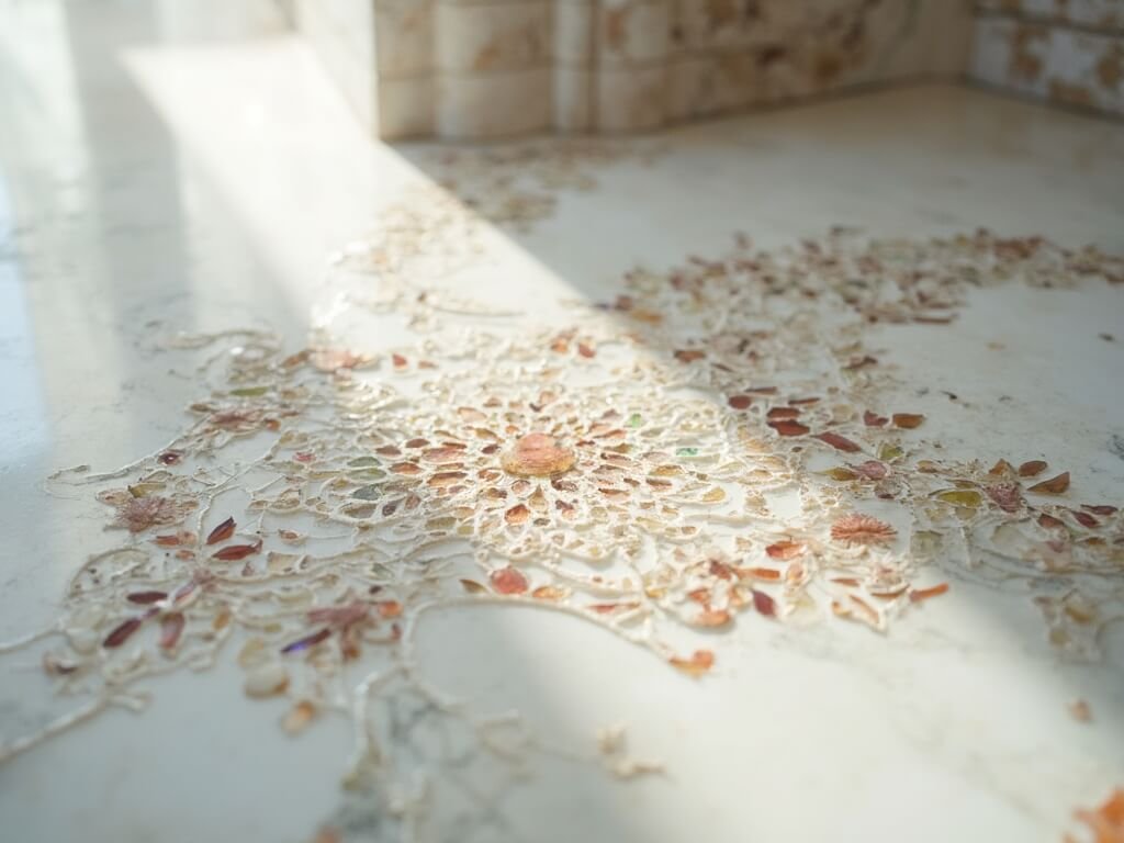 Close-up of intricate semi-precious stone inlay work on white marble with geometric and floral patterns in soft natural light