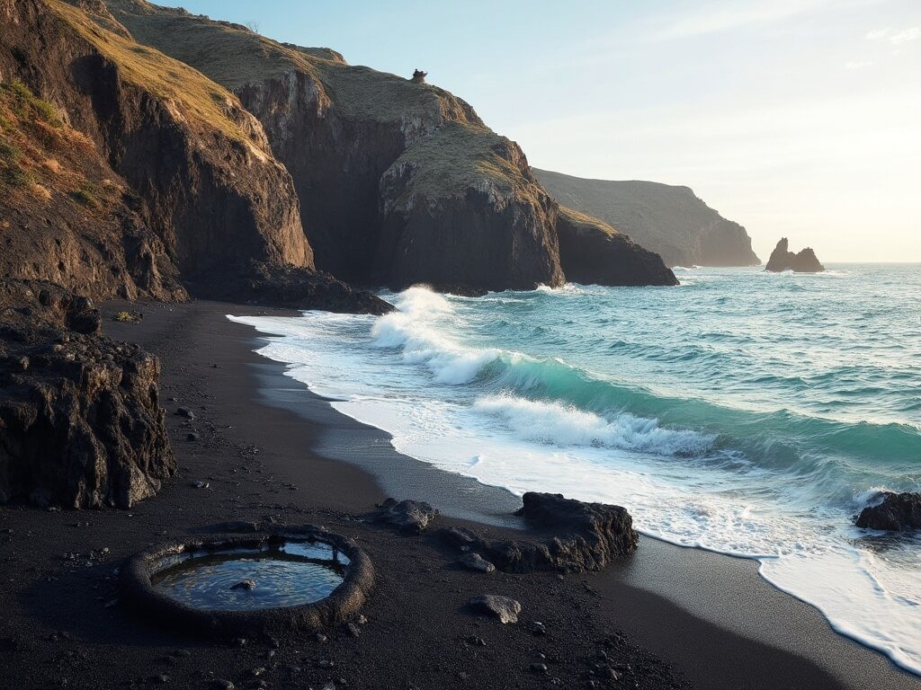 Maronti Beach with its black volcanic sand, hot springs meeting turquoise Mediterranean Sea, and rugged cliffs under warm afternoon sunlight