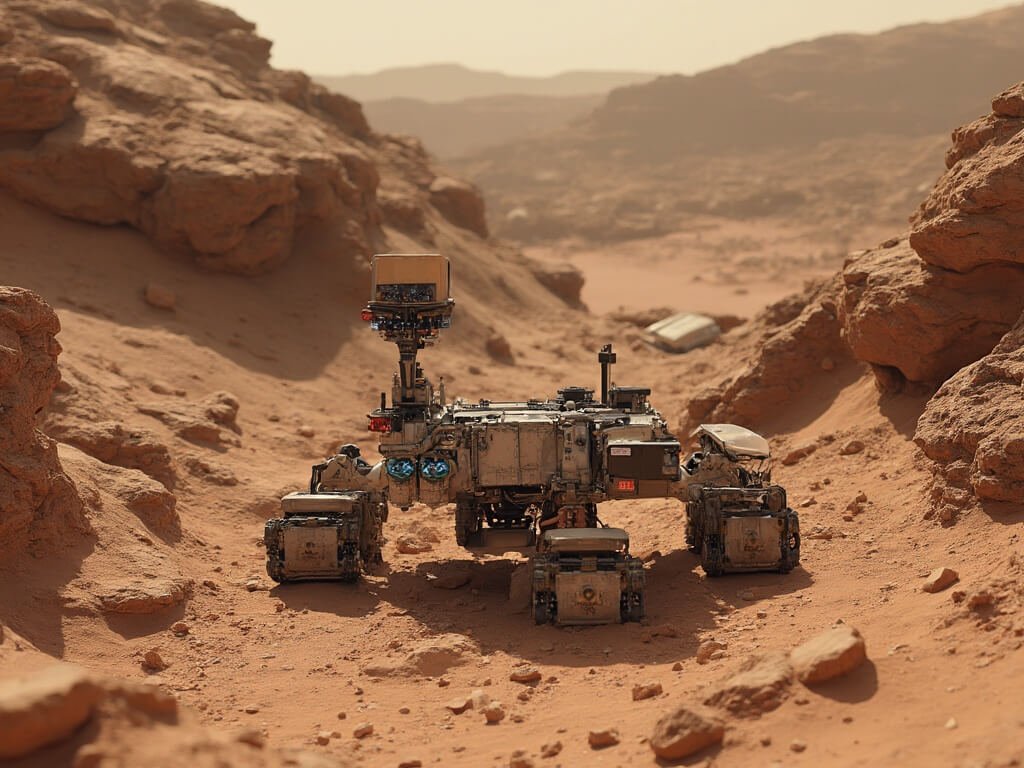Robotic rover conducting extraterrestrial terrain simulation amidst Martian-like rock formations, representing NASA's research landscape.