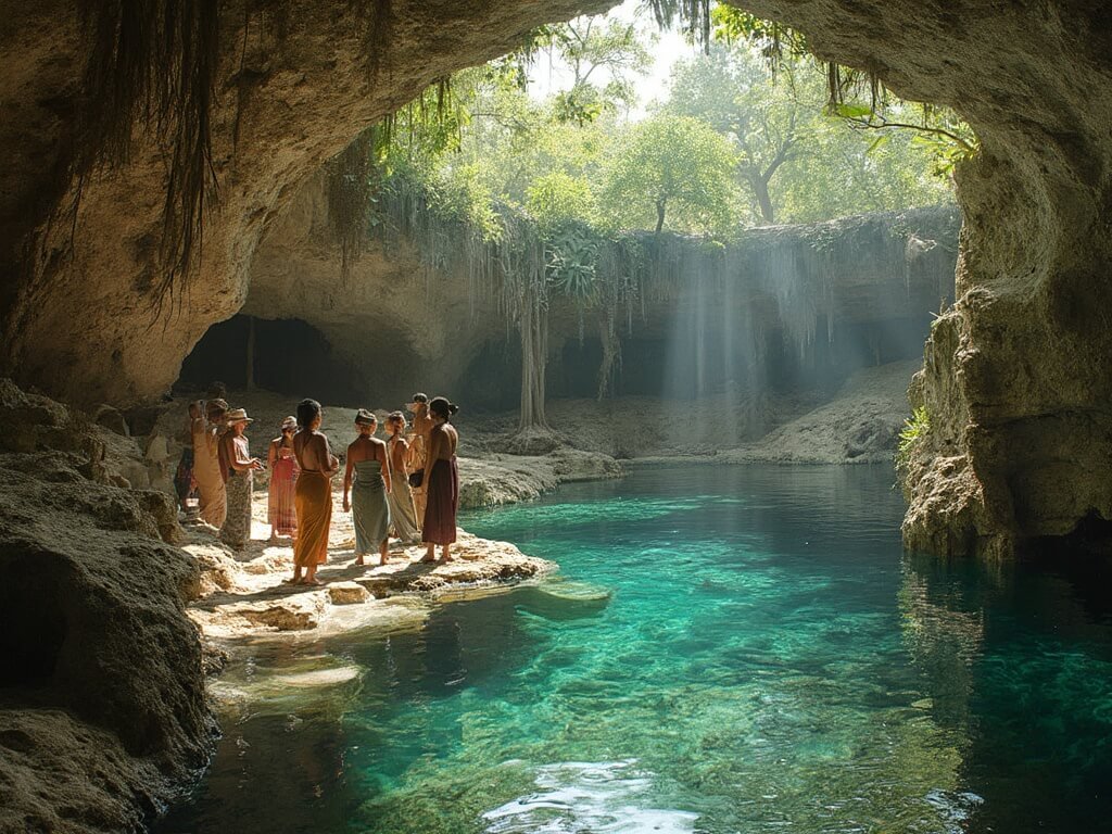 Maya indigenous community members in traditional clothing discussing environmental protection near a cenote, with the natural limestone landscape in the background