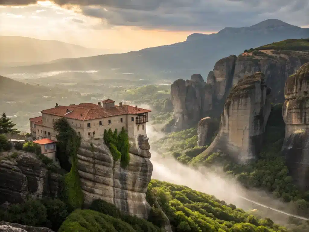 "Byzantine monasteries atop towering sandstone pillars in Meteora, Greece, surrounded by morning mist with golden sunrise illuminating terracotta rooftops and showcasing Orthodox Christian architecture amidst dramatic geological formations."