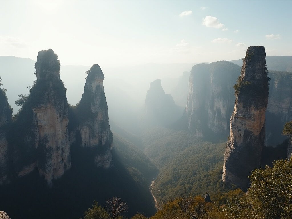 Morning light illuminating massive sandstone rock pillars in Meteora under misty conditions
