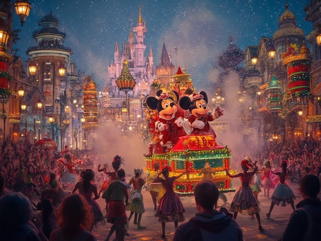 Mickey's Christmas Parade featuring a lavishly decorated float with Disney characters in festive costumes, dancers in synchronized movement, and excited crowds watching the spectacle.