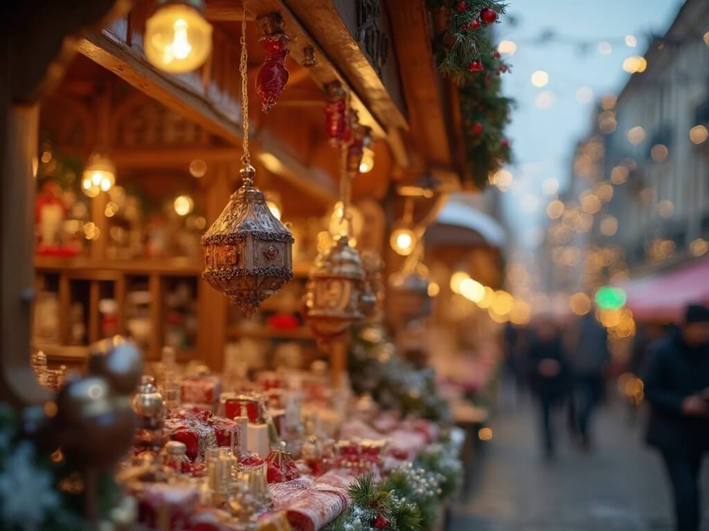 Close-up of traditional wooden Christmas chalet in Milan with handcrafted ornaments, warm lighting, and intricate woodwork details, blurred festive background, in soft winter tones