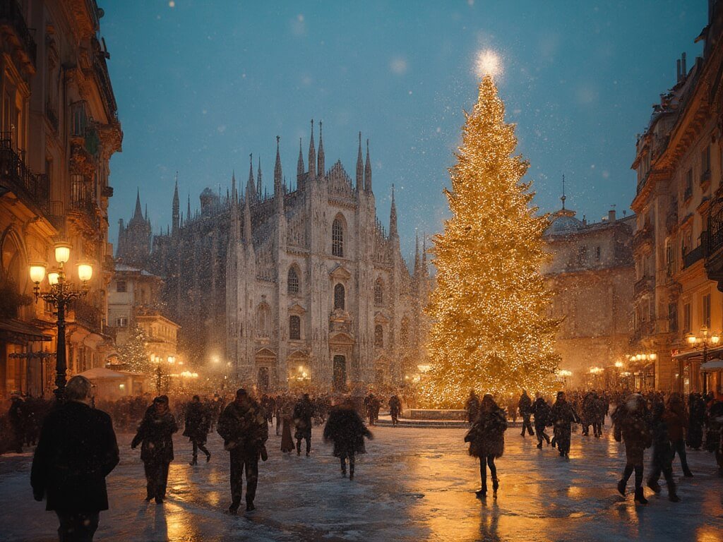 Christmas season at Piazza del Duomo during dusk with illuminated massive Christmas tree, Gothic cathedral, falling snow, warm street lights, pedestrian traffic, and winter atmosphere in Milan
