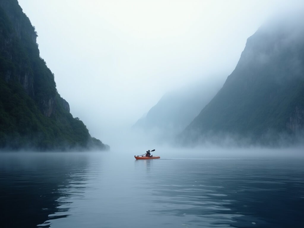 Single kayaker paddling through misty morning in Milford Sound with steep mountain cliffs in background