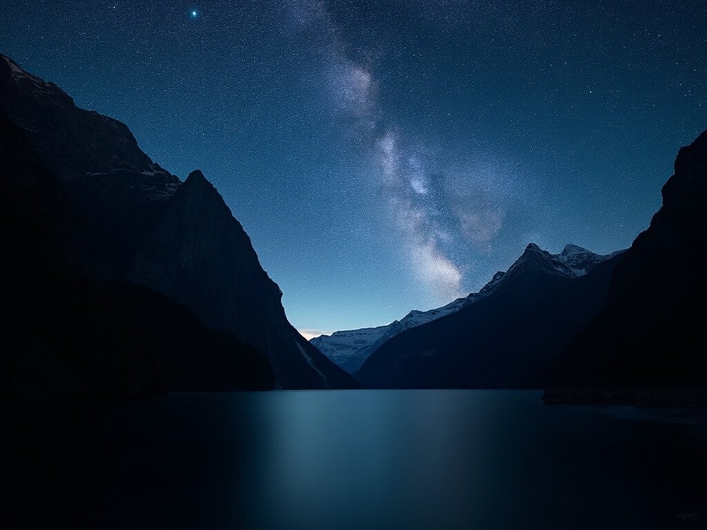Milky Way arching over silhouetted mountain peaks at Milford Sound, reflecting on calm water during a clear night sky