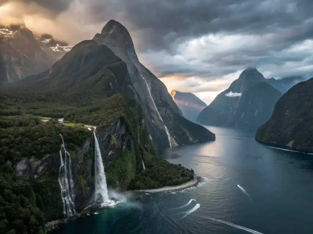 "Dramatic dawn view of Milford Sound fjord with Mitre Peak, cascading waterfalls, and rainforest-covered mountains amidst low-hanging mist in New Zealand's Fiordland wilderness."