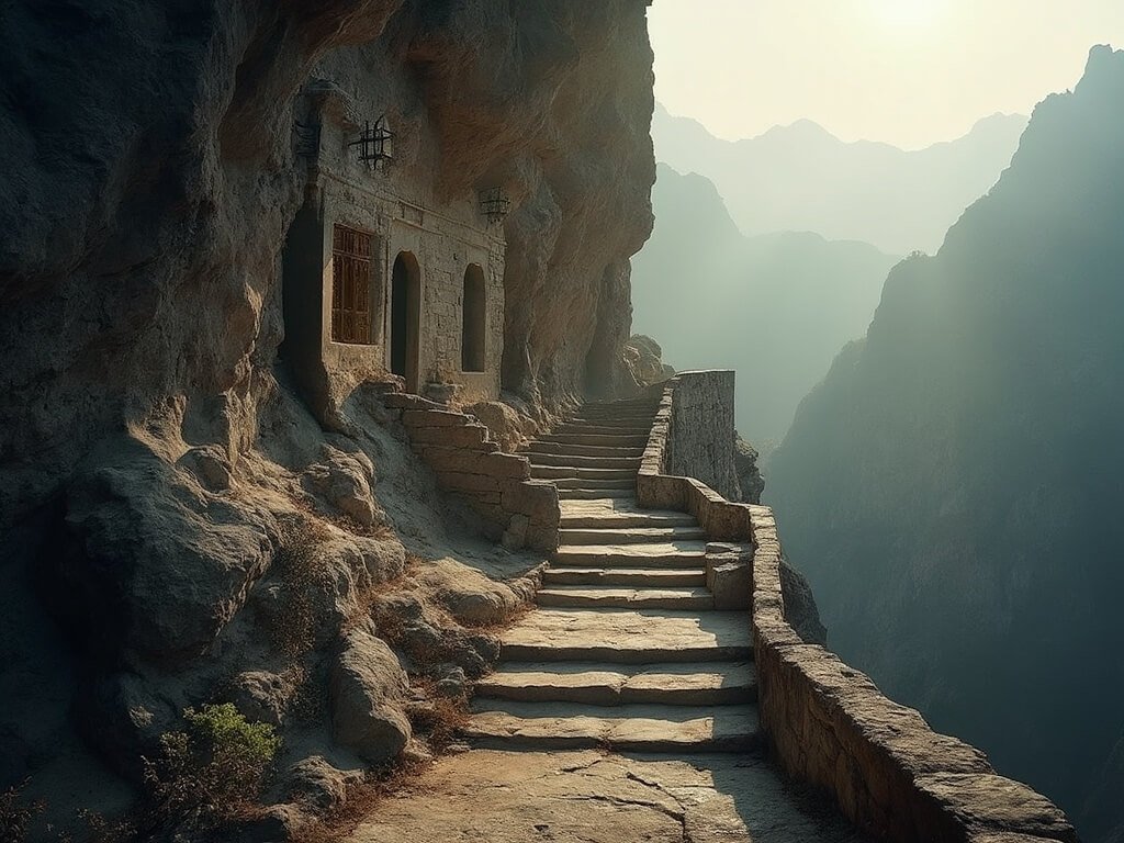 Stone staircase carved into rocky cliff leading to monastery entrance, bathed in soft morning light