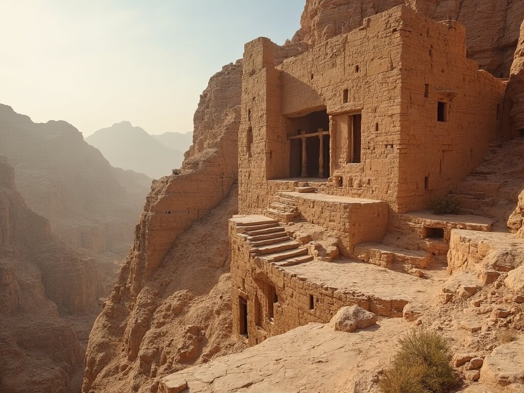 Monastery Ad-Deir stone-carved structure on a cliff with a winding stone staircase, showcasing the Nabataean civilization's architectural prowess