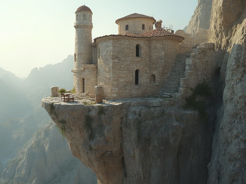 Ancient monastery with intricate stone construction perched atop a narrow pillar, surrounded by a rocky landscape