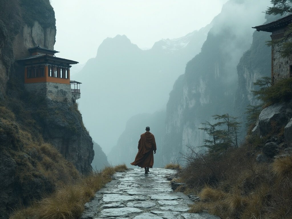 Monk walking on stone pathway between monastic buildings with misty mountains and rocky formations in the background