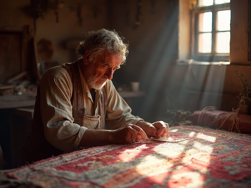 Local Moroccan artisan skillfully weaving a traditional rug in a sunlit workshop with natural light streaming through small windows