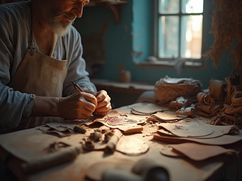 Artisan crafting leather in a traditional Moroccan workshop with soft blue walls, scattered traditional tools, and warm natural light from a small window