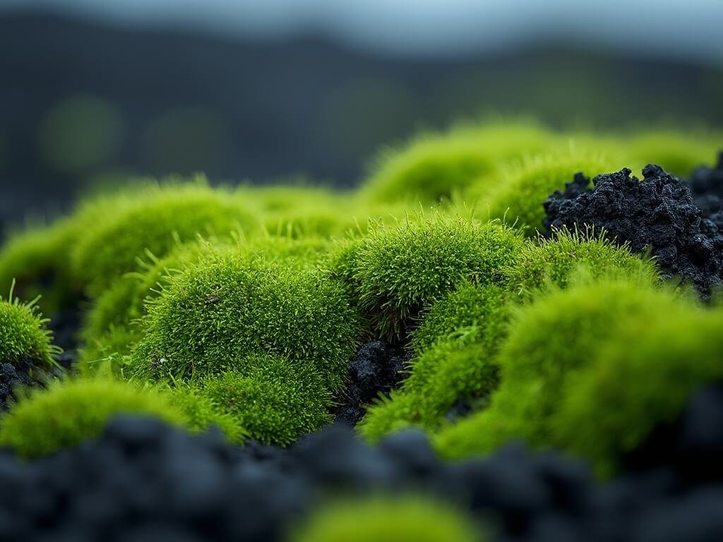 Close-up of vibrant green moss growing on fresh black volcanic rocks under soft diffused light, symbolizing ecological resilience
