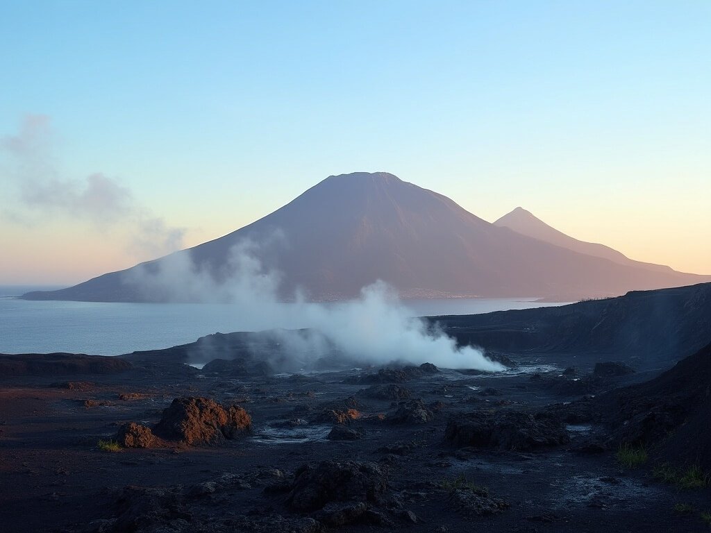 Mount Epomeo rising majestically under clear blue sky with foreground featuring volcanic terrain, steaming fumaroles and black rocks, during golden hour in Ischia