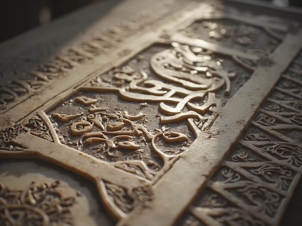Close-up detail of exquisite Mughal calligraphy and geometric marble inlay work highlighted by soft light