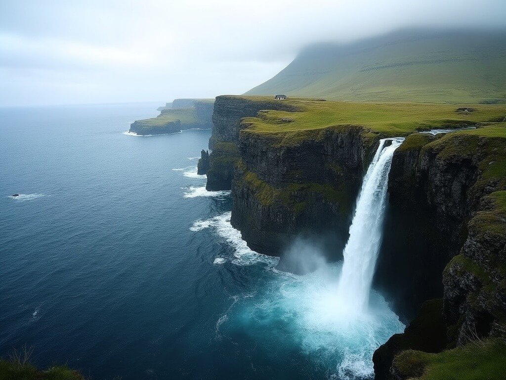 Mulafossur Waterfall cascading into North Atlantic Ocean with green cliffs and overcast sky in the Faroe Islands