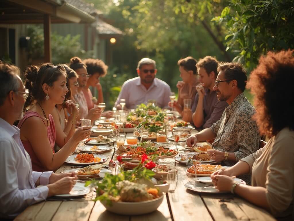 Multicultural group enjoying a Christmas lunch outdoors, with various cultural dishes on the table, in a lush Australian backyard under bright summer sunlight.