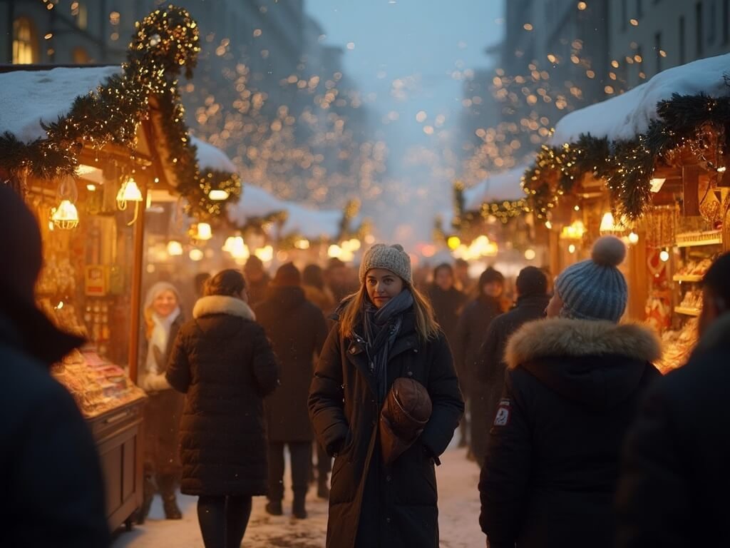 Munich's Sendlinger Tor Market during winter evening with diverse crowd in warm clothing, illuminated stalls with international goods, and soft bokeh lights