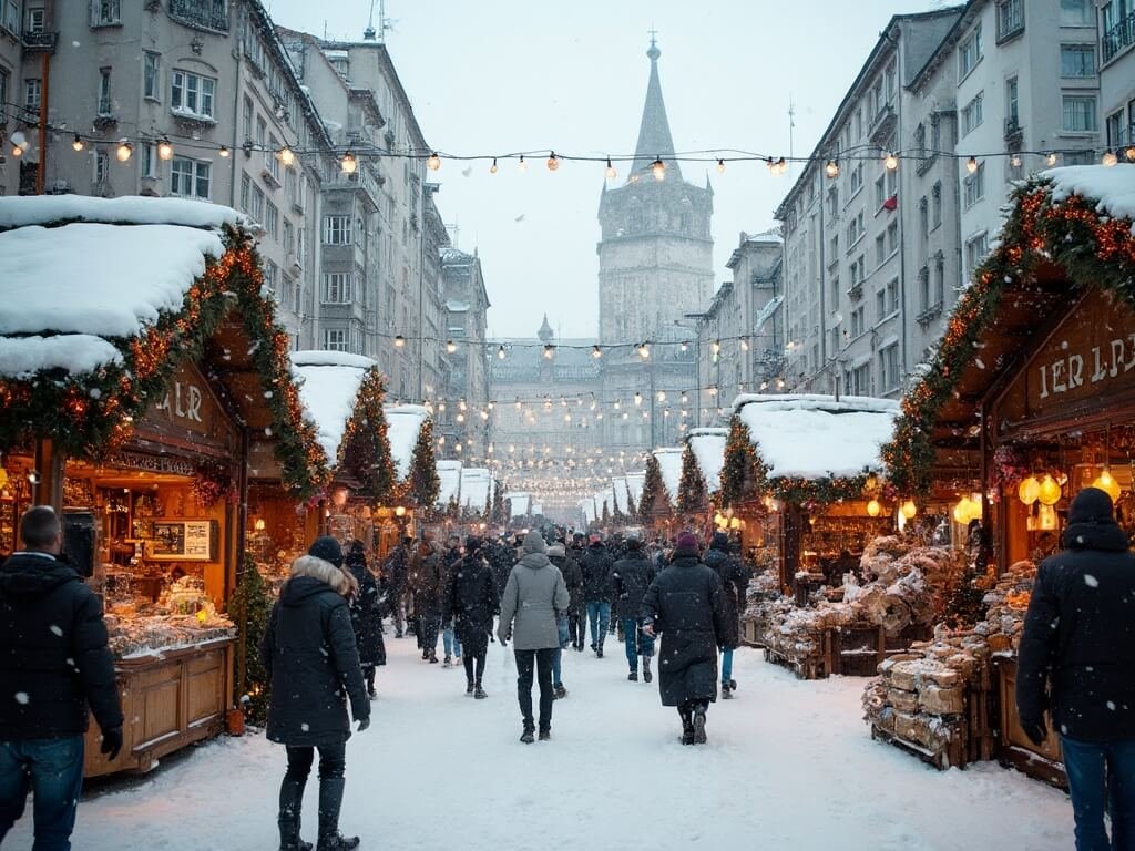 Winter scene in Munich's Werksviertel district featuring sustainable Christmas market decorations, reusable mugs at stalls, blend of modern architecture and traditional Christmas elements with people browsing under a soft overcast sky.