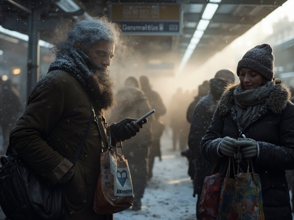 Winter morning at Munich's U-Bahn station with commuters in layered clothing, breath visible in cold air, and soft light entering through windows.