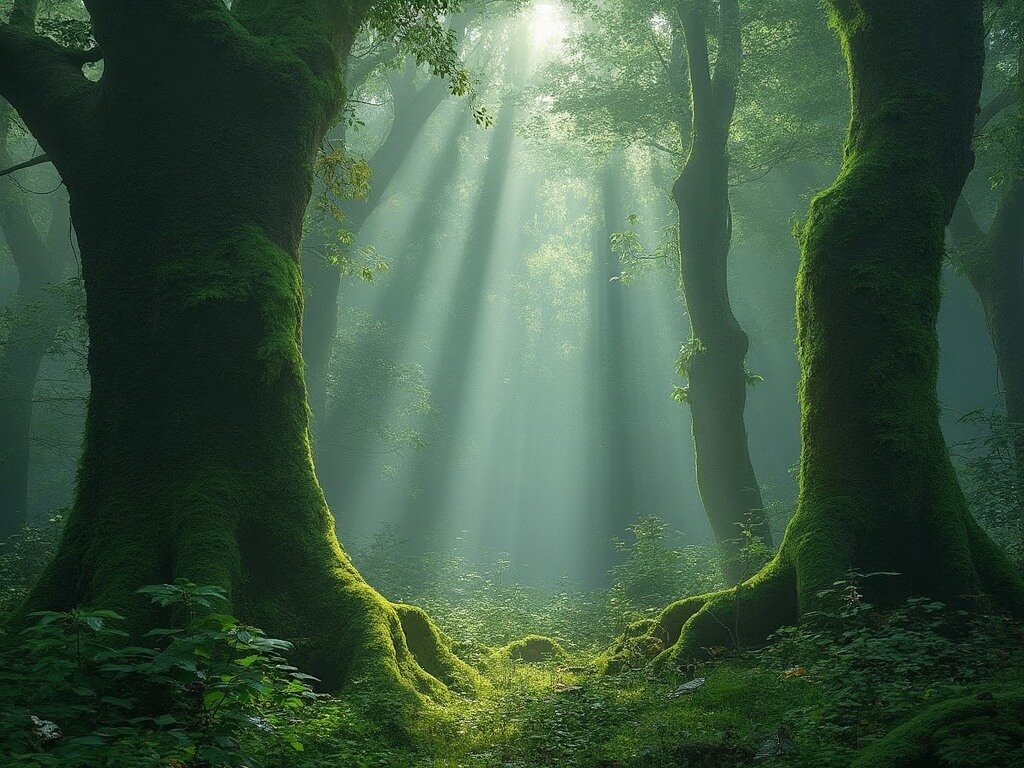 Mystical laureal forest with moss-covered trees, morning mist, and soft sunlight filtering through a verdant undergrowth, captured in hyper-realistic photography.