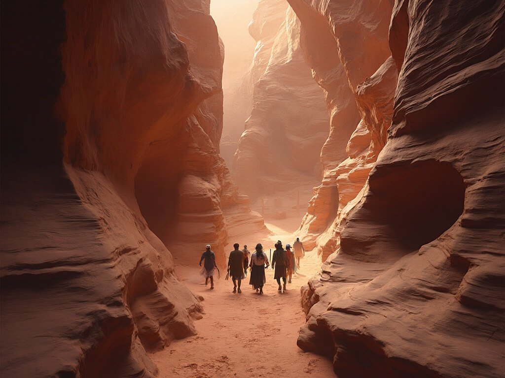 Navajo guide leading a group through a majestic, twisting canyon under soft morning light
