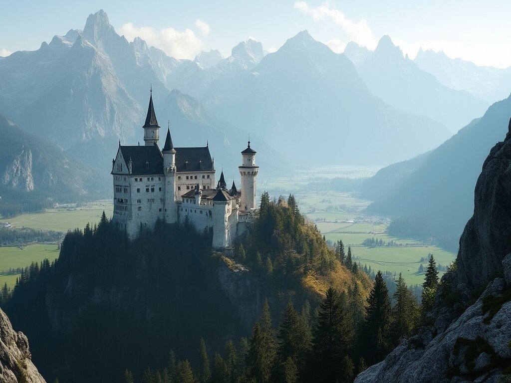 Panoramic view of Neuschwanstein Castle surrounded by the Alpine mountain range, illuminated by early morning sunlight
