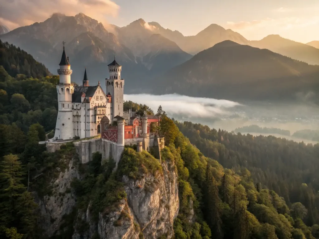 "Neuschwanstein Castle on a cliff in the Bavarian Alps during morning golden hour, surrounded by green forest and misty mountains, showcasing its Romanesque Revival towers and red-brick accents"
