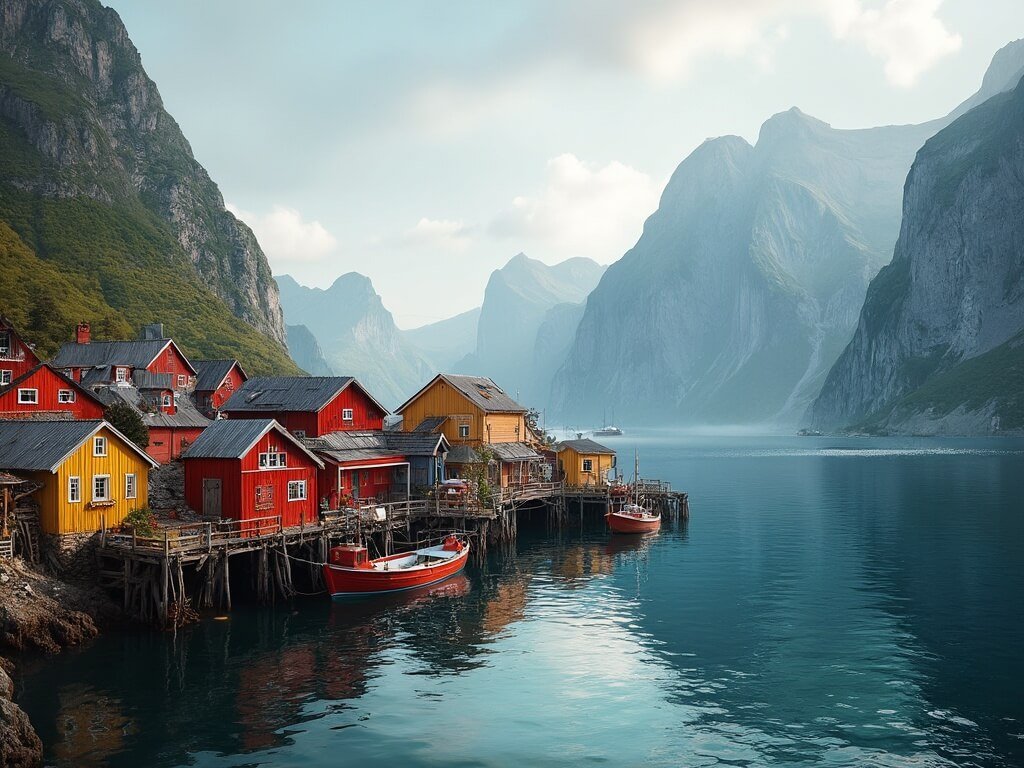 Traditional Norwegian fishing village with red and yellow wooden houses on stilts, surrounded by mountain peaks, fishing boats in calm fjord under golden hour light